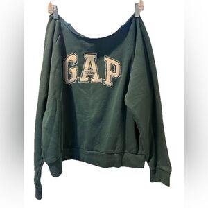 GAP ATHLETIC SWEATSHIRT CUT OFF SHOULDER Y2K VINTAGE DIY DARK GREEN SMALL PETITE